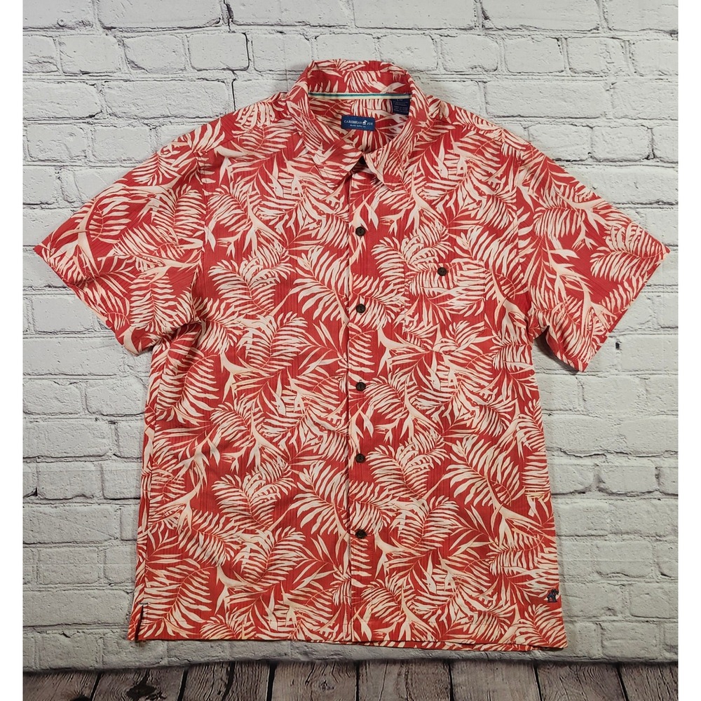 Caribbean Joe Mens Tropical Palm Leaf Performance Short Sleeve Button Shirt L